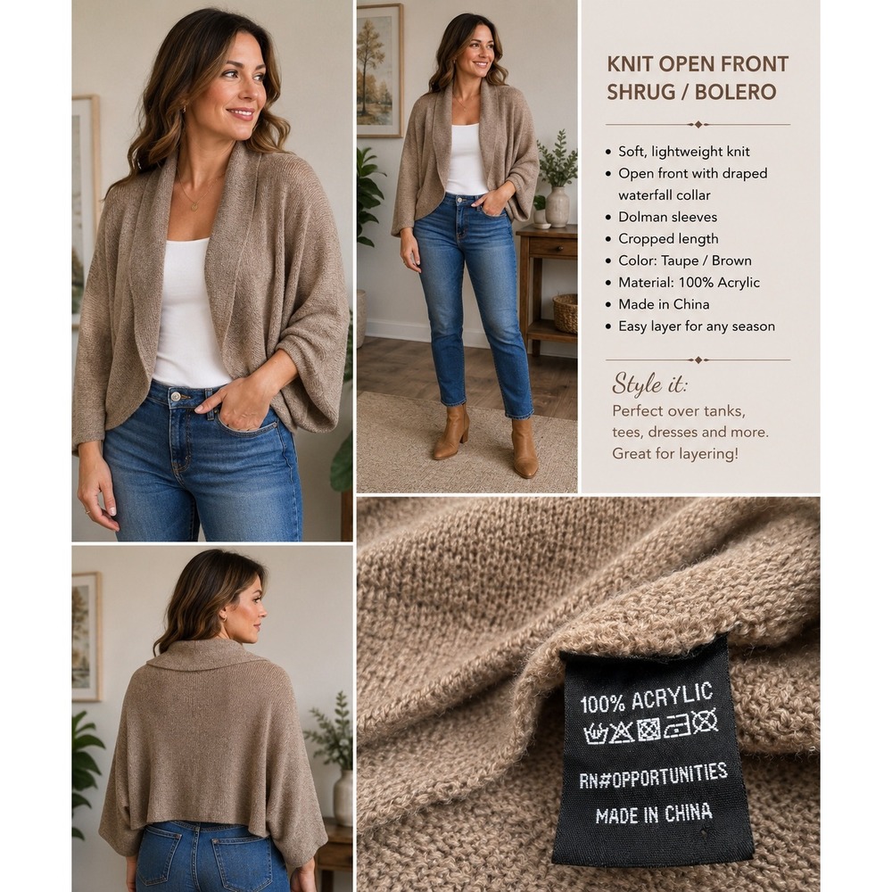 Open Front Knit Cardigan Shrug Bolero Taupe Brown Dolman Sleeve Cropped Sweater